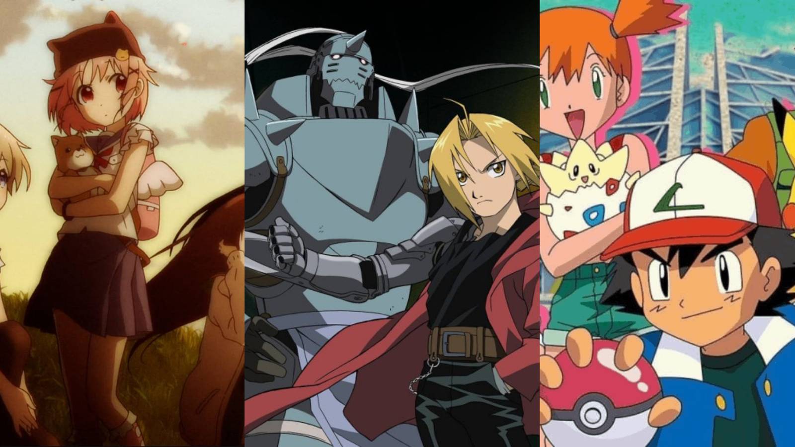Split image featuring School-Live, Fullmetal Alchemist: Brotherhood and Pokemon.