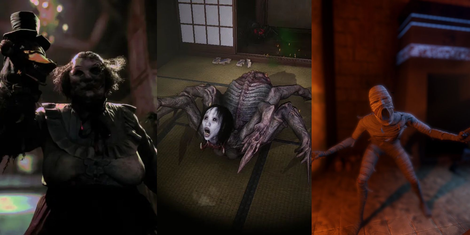 Screenshors from The Outlast Trials, Devour and Forewarned. Split image.