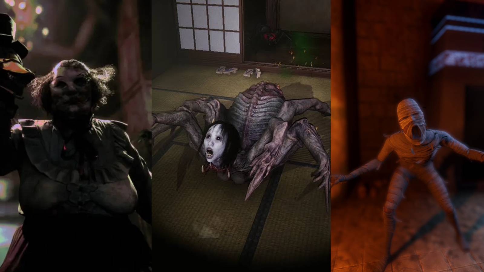 Screenshors from The Outlast Trials, Devour and Forewarned. Split image.
