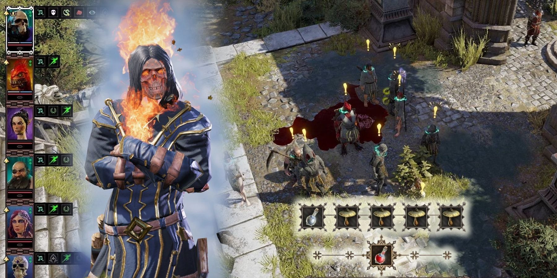 A flaming skeleton and a turn based battle in Divinity: Original Sin 2