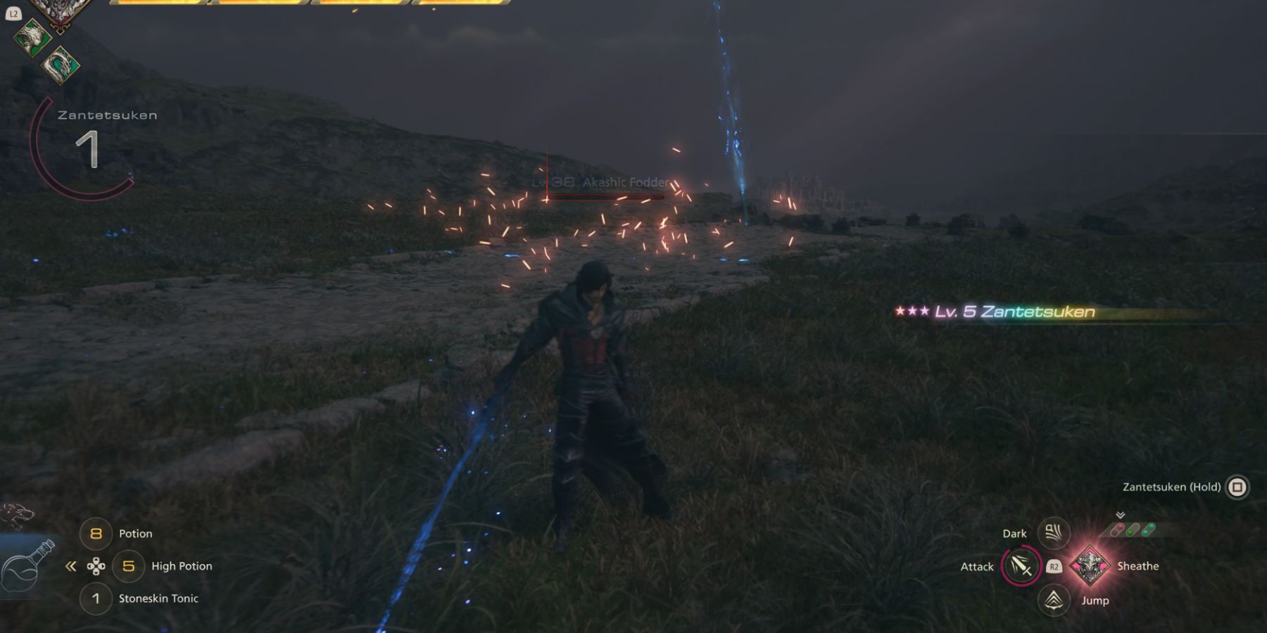 Clive unleashes a Level 5 Zantetsuken attack in Final Fantasy 16