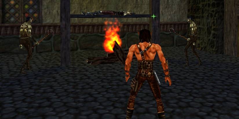 Corvus Facing Down Two Enemies Near A Campfire