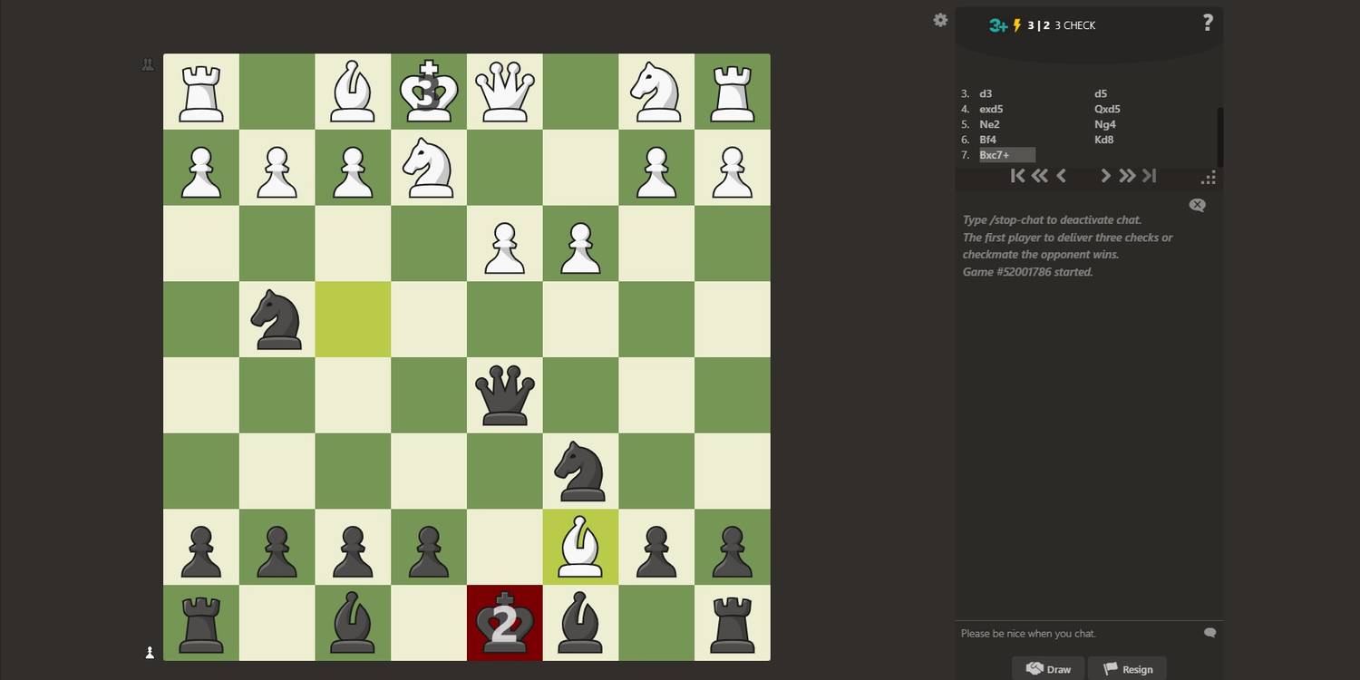 A screenshot showing 3 Check Chess. Black's king is under attack.