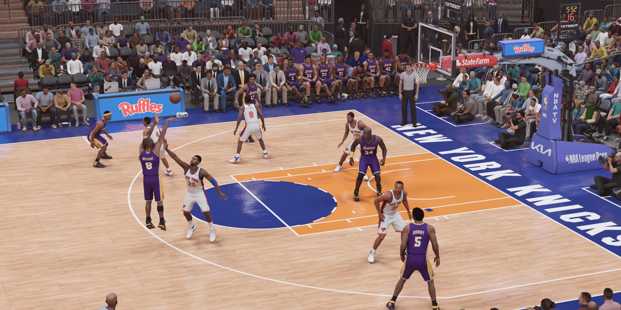 Kobe Bryant attempting a 3-point shot against the New York Knicks in NBA 2K23