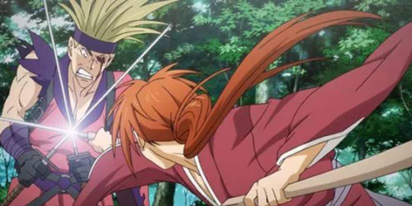 Kenshin clashes with Cho in a sword fight in the original Rurouni Kenshin anime.