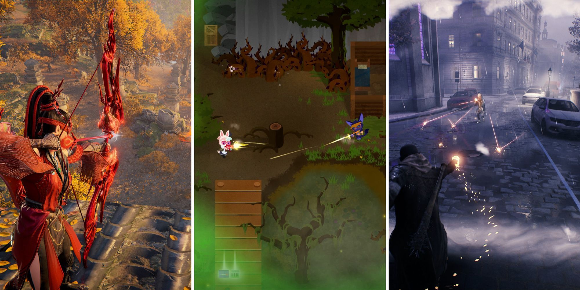 A grid of the three Battle Royales Naraka: Bladepoint, Super Animal Royale, and Vampire: The Masquerade - Bloodhunt