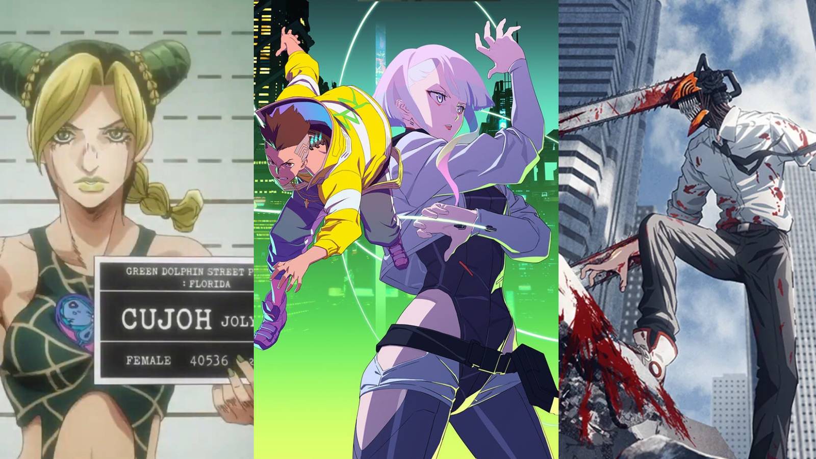Split image: Stone Ocean, Edgerunners and Chainsaw Man