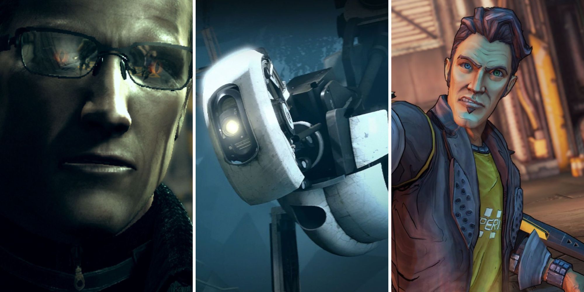 A grid showing three mean characters from the games Resident Evil 5, Portal 2, and Borderlands: The Pre-Sequel