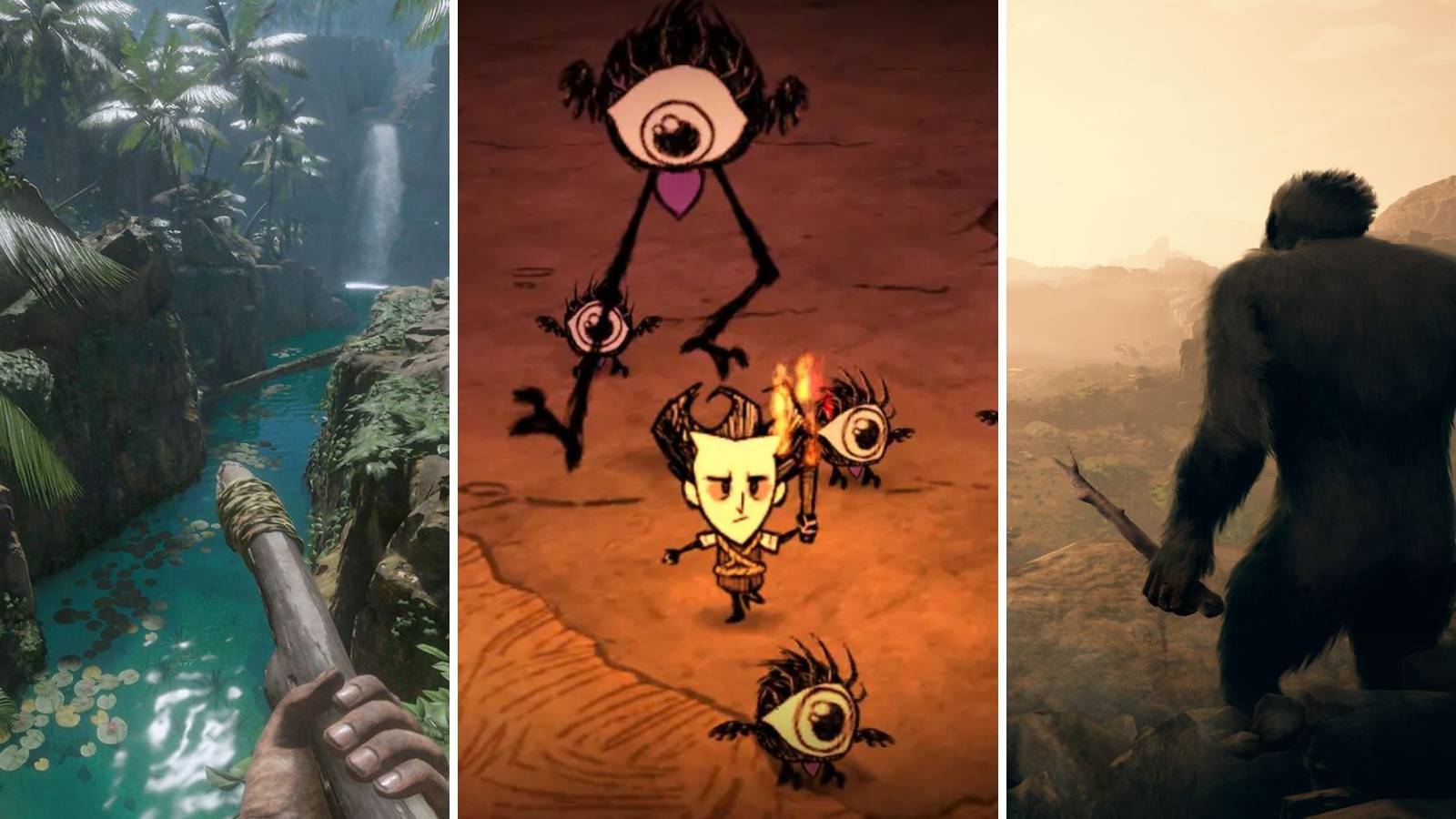 A grid of the three survival games Green Hell, Don't Starve, and Ancestors: The Humankind Odyssey