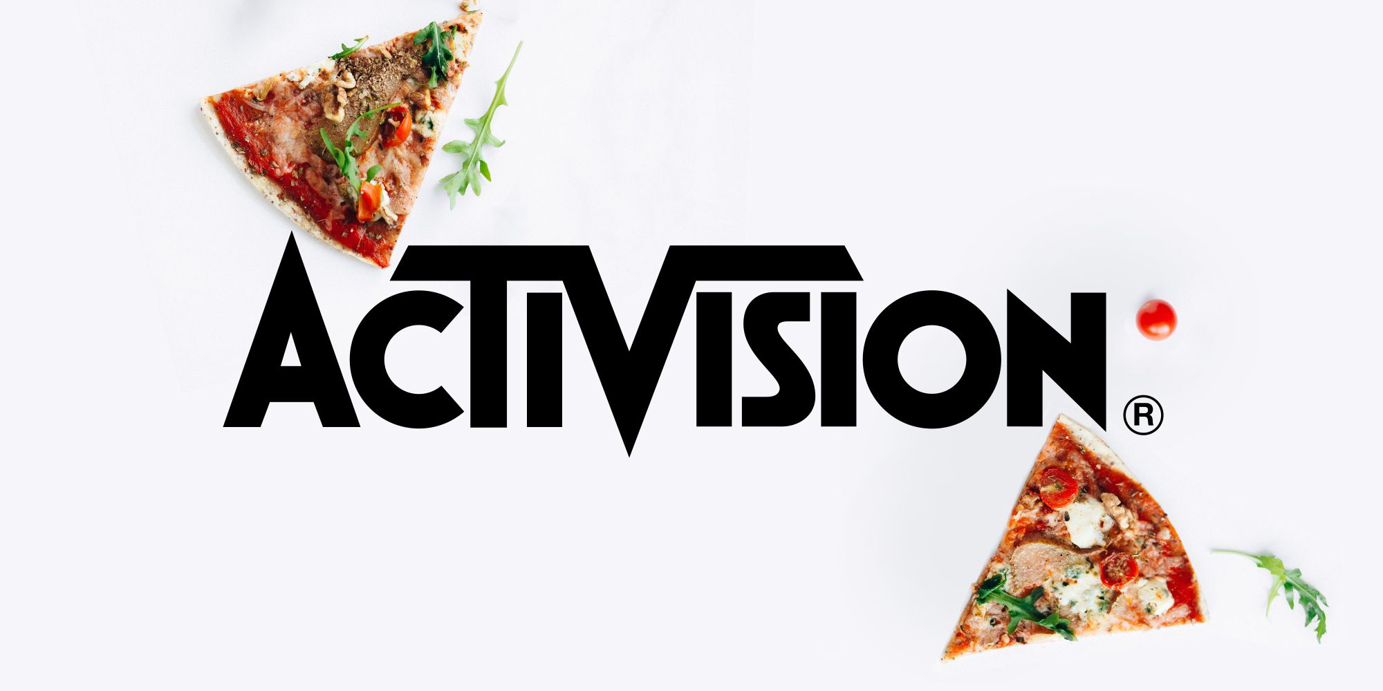 Activision logo surrounded by pizza slices on light gray background