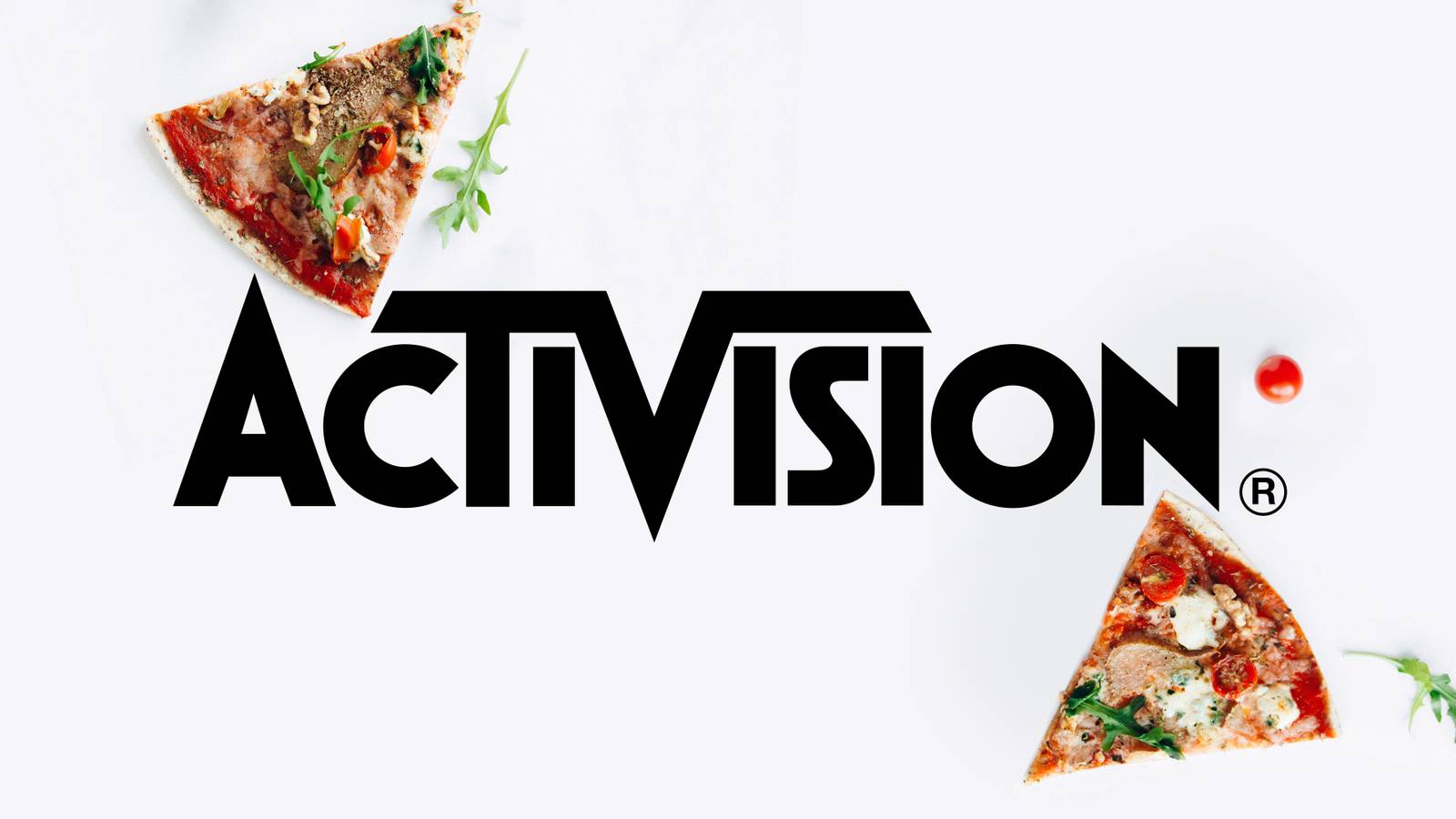 Activision logo surrounded by pizza slices on light gray background