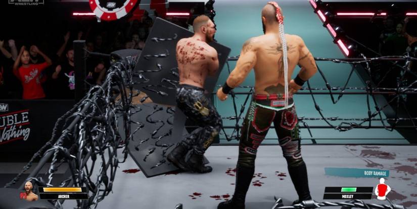 AEW Fight Forever Archer whipping Moxley into barbed wire table