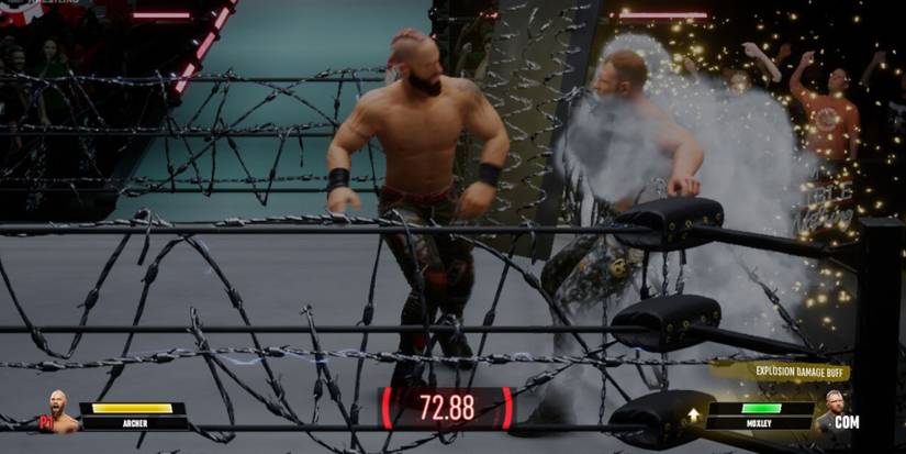 AEW Fight Forever Archer whipping Moxley into barbed wire