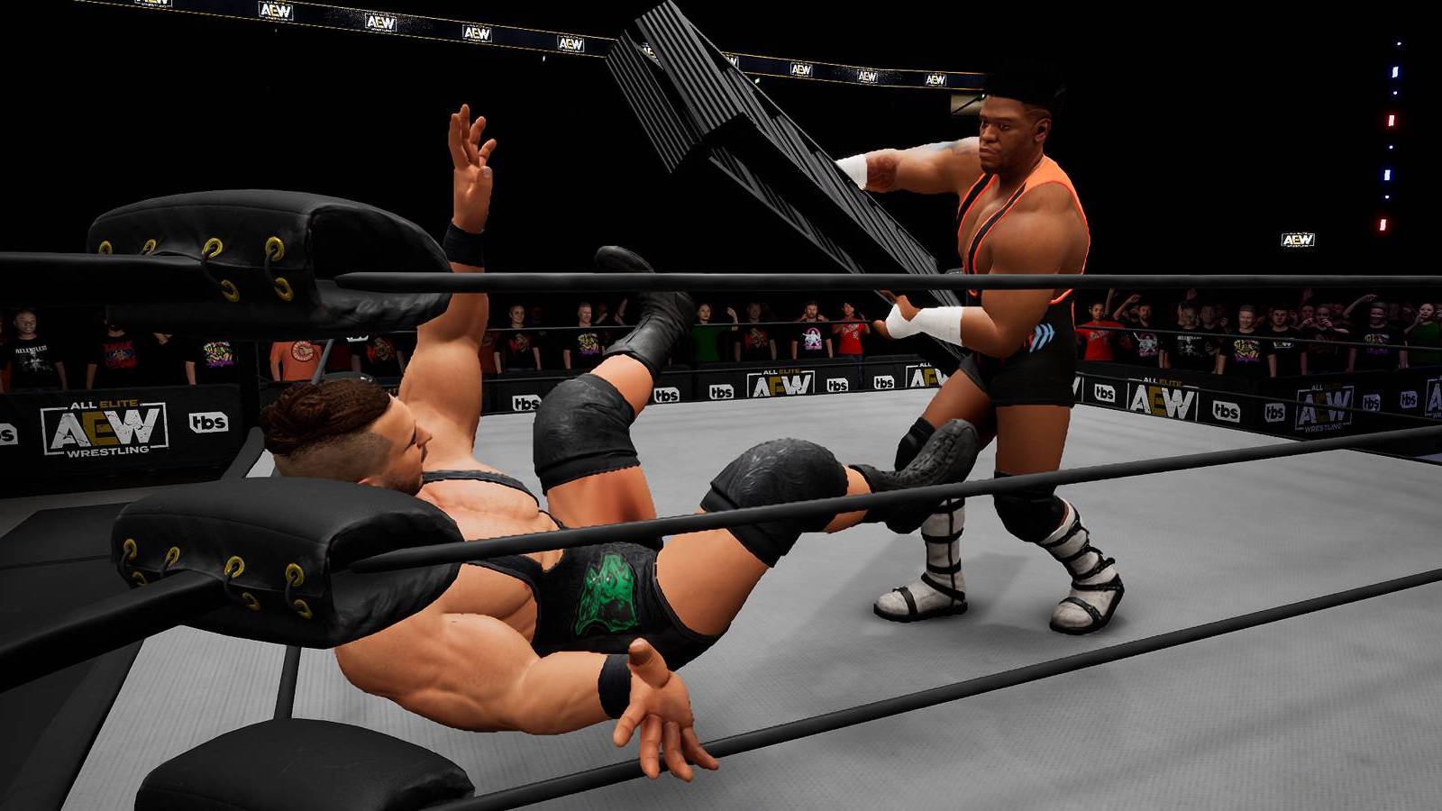 Powerhouse Hobbs hitting Wardlow with a ladder in AEW Fight Forever