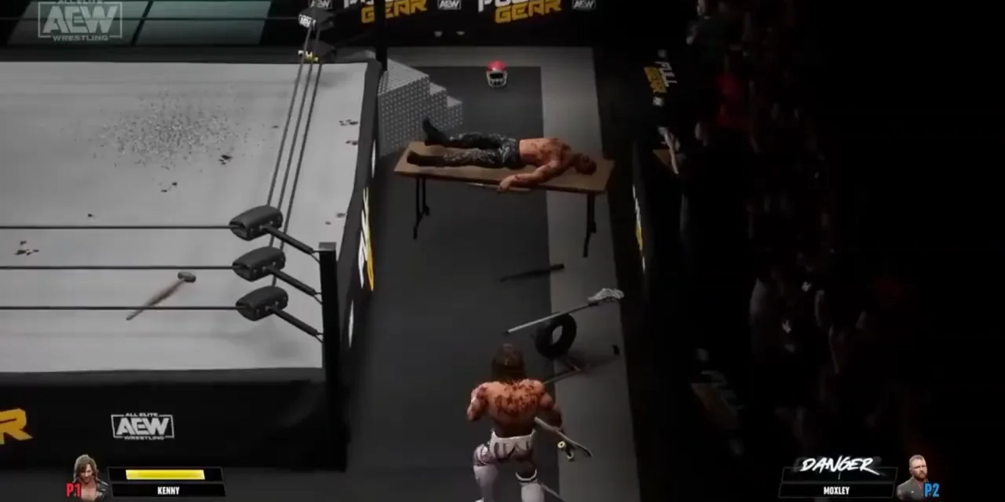 Kenny Omega using a skateboard as a weapon against Jon Moxley in AEW: Fight Forever