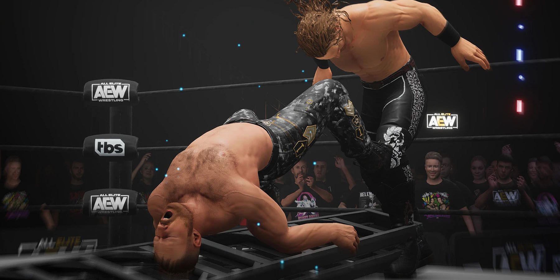 A screenshot of Jon Moxely being slammed onto a ladder in AEW Fight Forever.