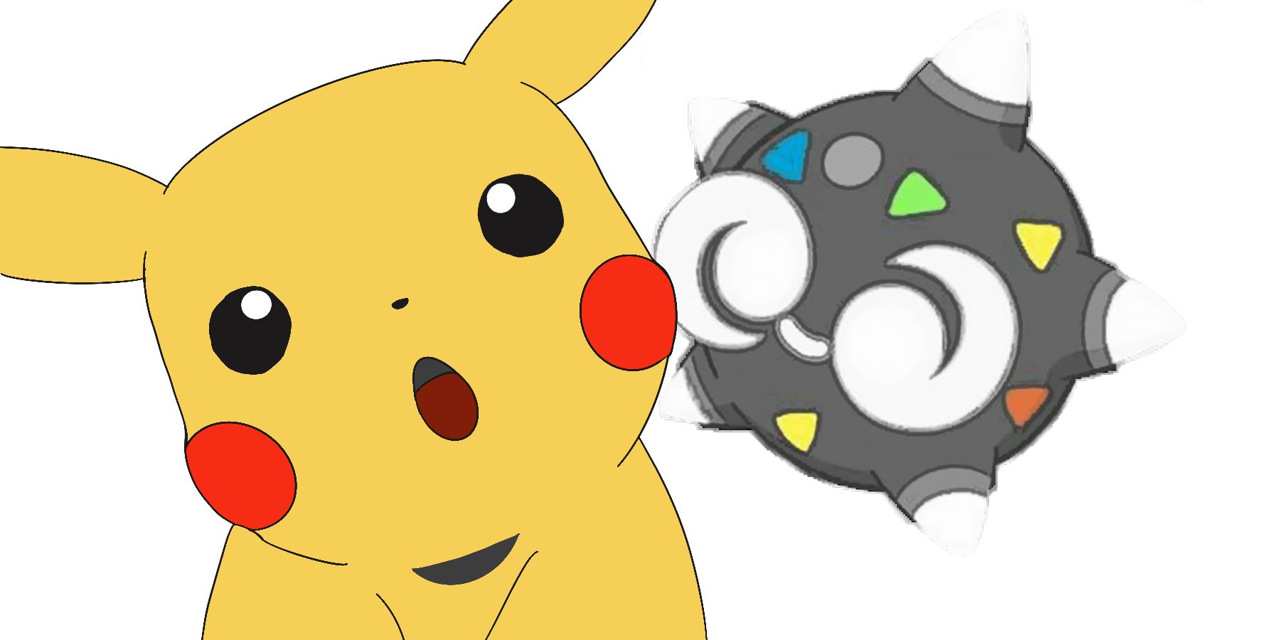 Amazed-looking Pikachu doodle looking at shiny gray Minior Pokemon