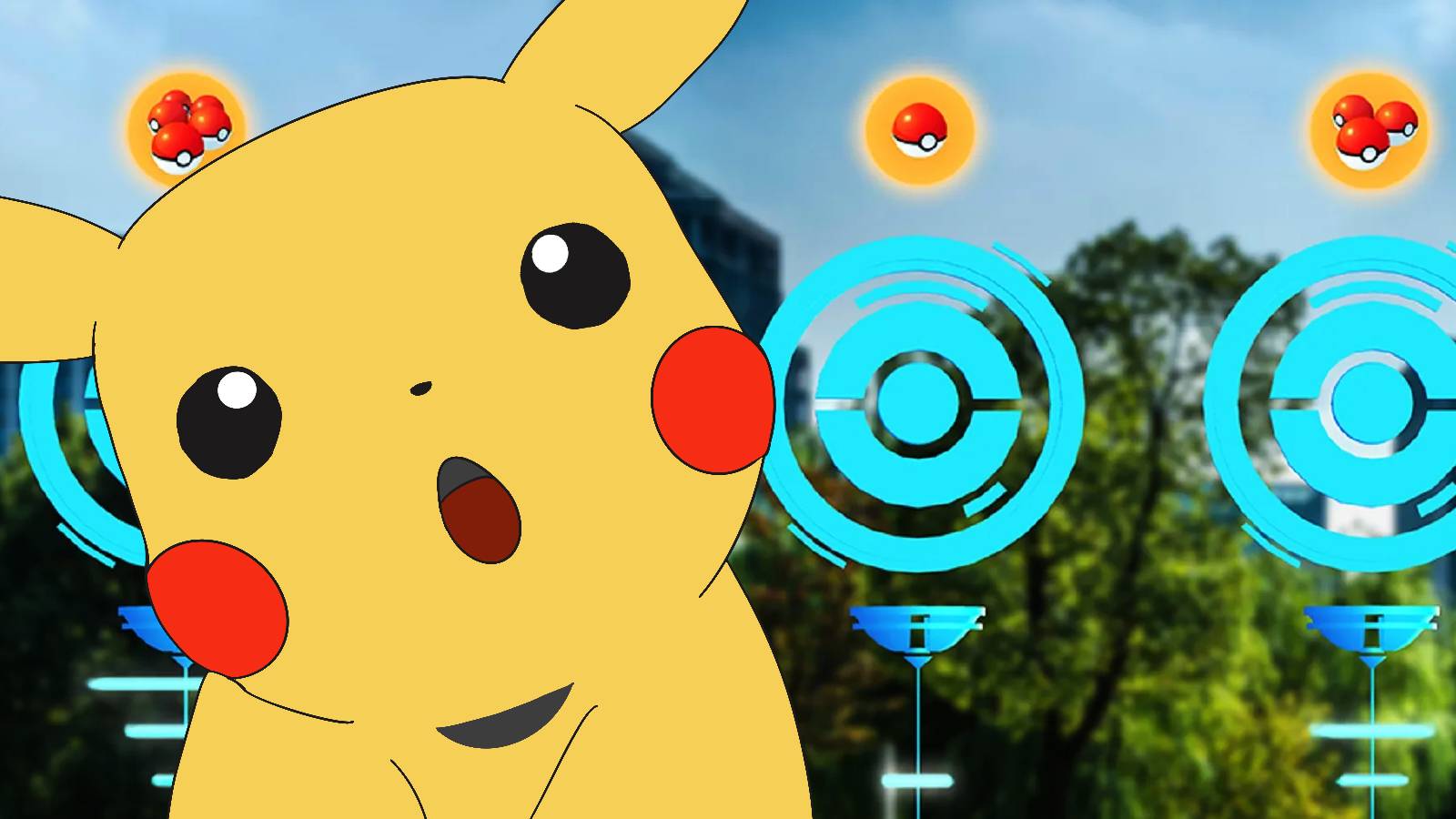 Amazed Pikachu looking at Pokemon GO PokeStops