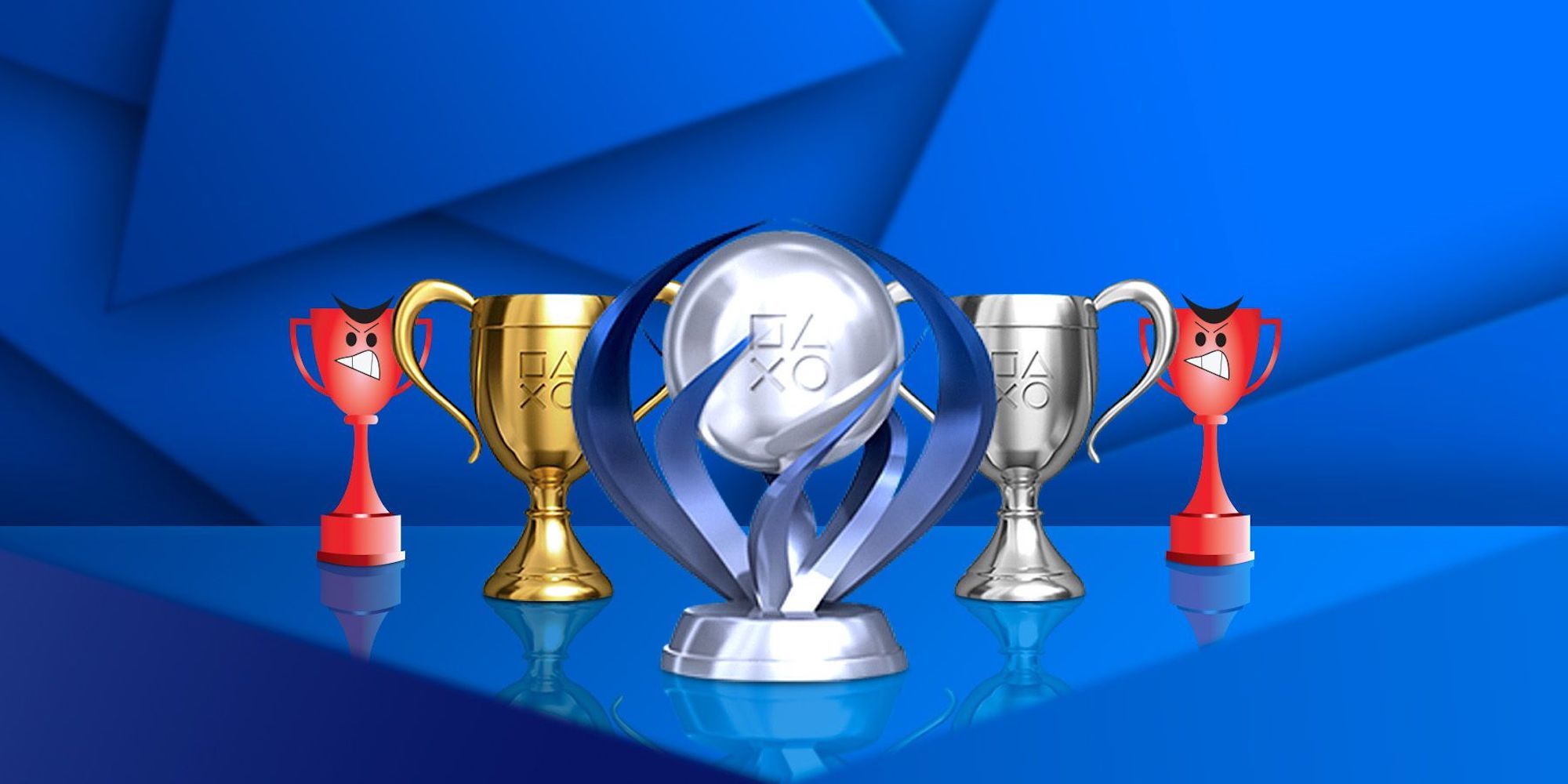A set of PlayStation trophies with two trophies at each end with angry faces