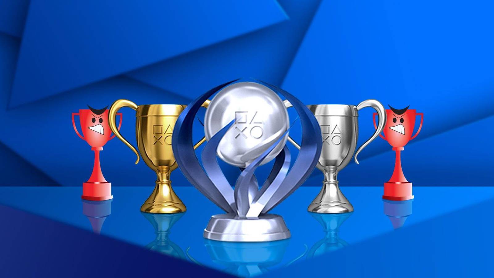 A set of PlayStation trophies with two trophies at each end with angry faces