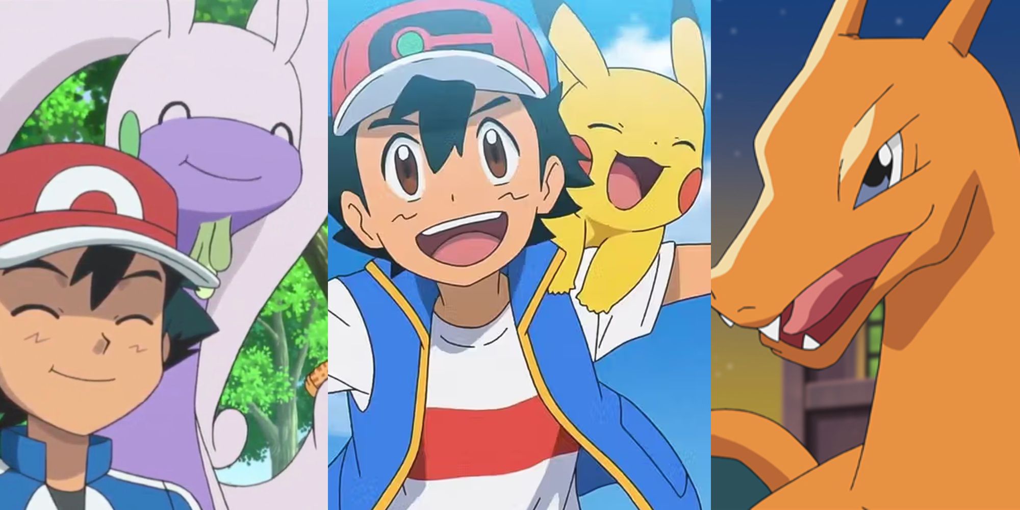 Ash and Goodra smiling; Ash running with Pikachu; Ash's Charizard