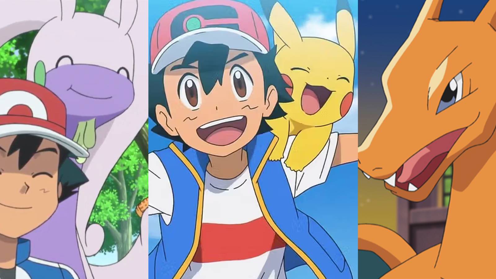 Ash and Goodra smiling; Ash running with Pikachu; Ash's Charizard