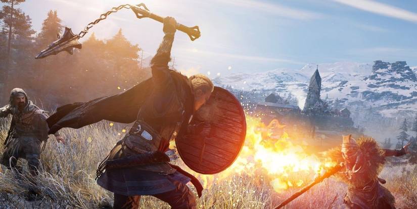 Eivor battles two enemies and blocks a fire arrow with her shield