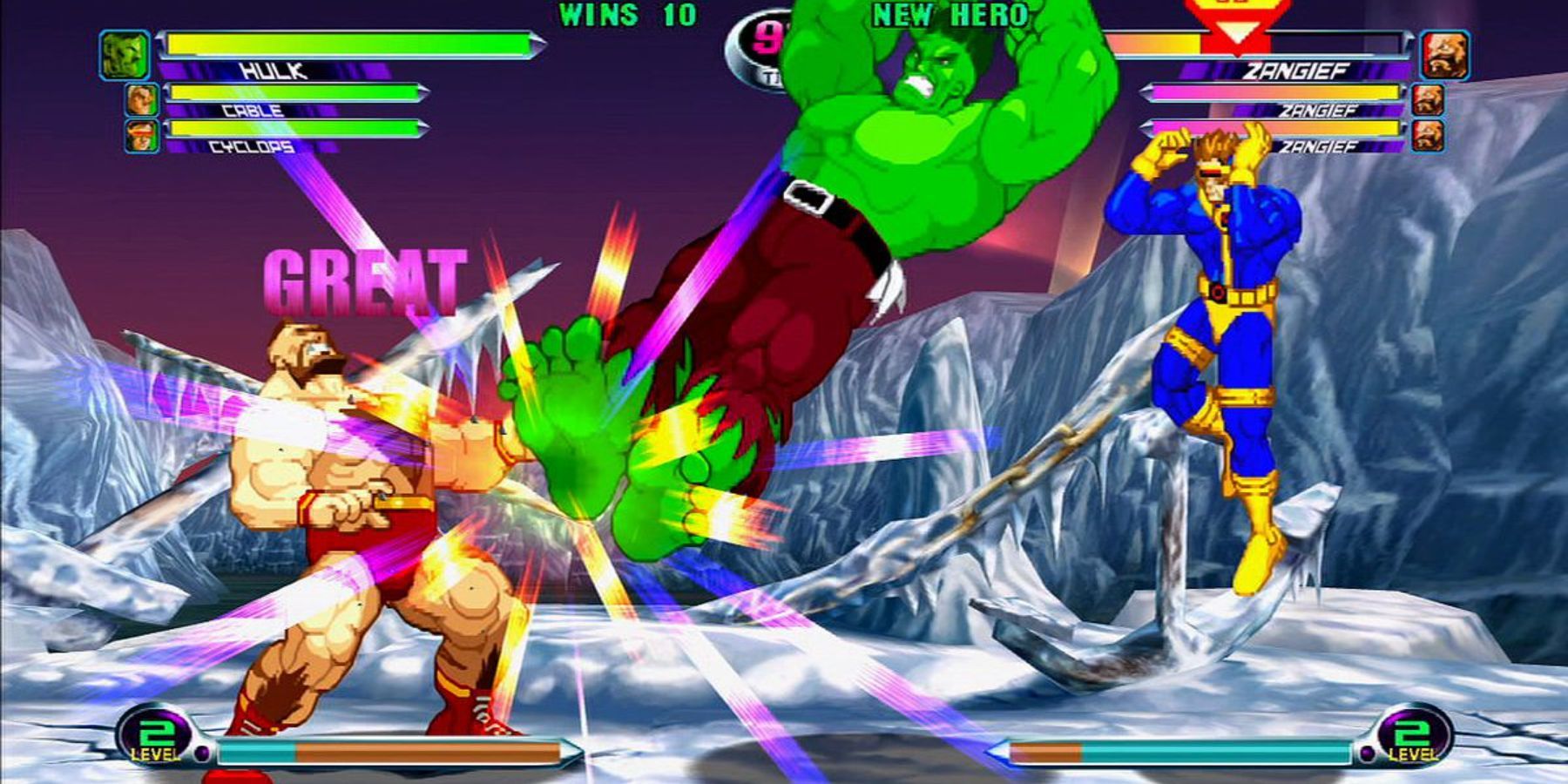 Zangief getting bodied by Hulk and Cyclops assist combo