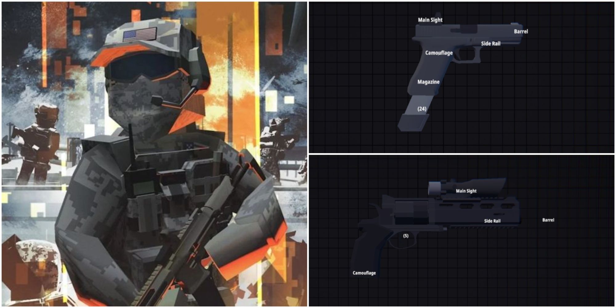 BattleBit Remastered official marketing art (left), Glock 18 automatic pistol (top right), Rsh12 revolver with magnified scope (bottom right)