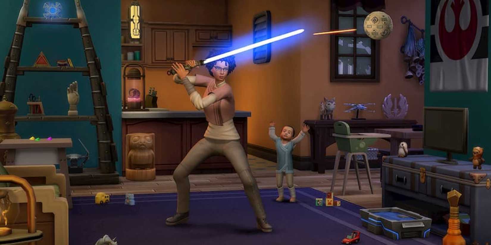 A Sim using a lightsaber