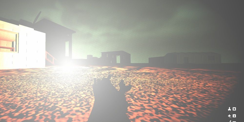 Player with AUG assault rifle looks into the blinding light of a flare grenade on a sandy night map.