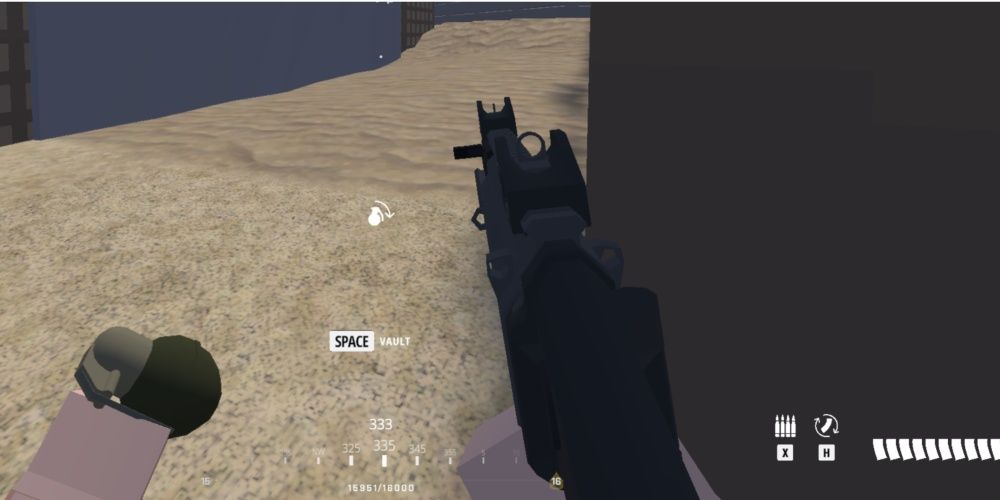 BattleBit Remastered player holding a UMP45 SMG peeks around a corner with an impact grenade ready. He is tossing it underhanded as the screen prompts him to press "space" to vault the cover.