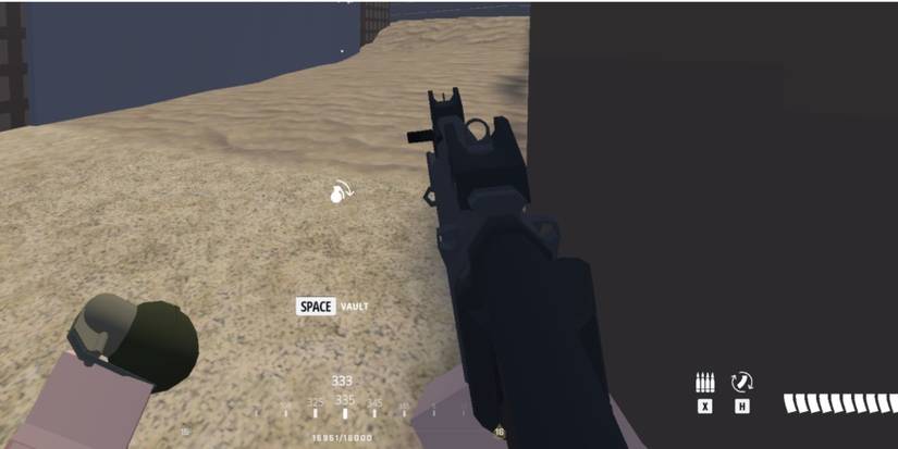 BattleBit Remastered player holding a UMP45 SMG peeks around a corner with an impact grenade ready. He is tossing it underhanded as the screen prompts him to press "space" to vault the cover.