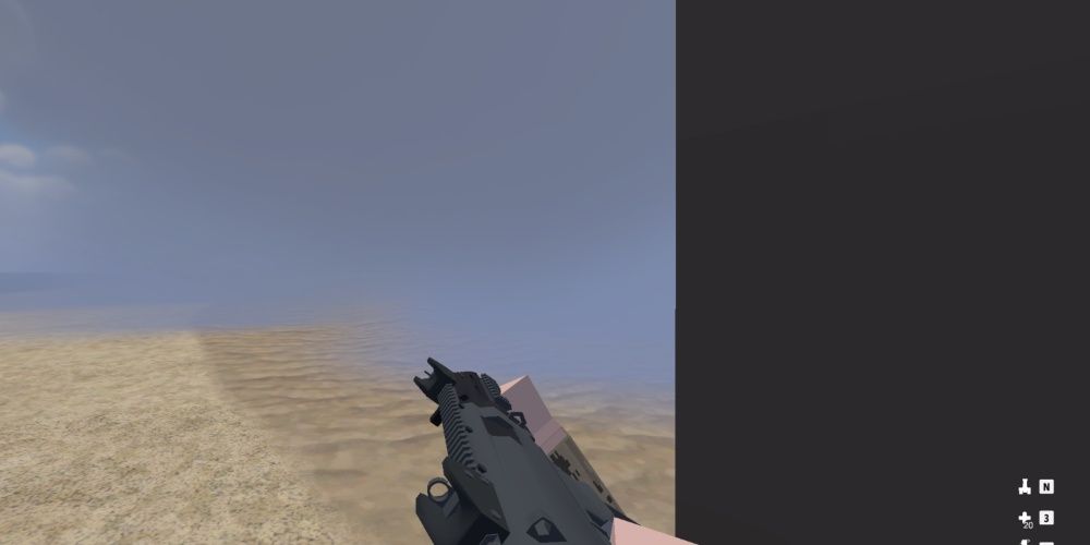 BattleBit player peeks a corner on a sandy daytime map with his SMG, but only sees a hazy smoke cloud from a smoke grenade placement.