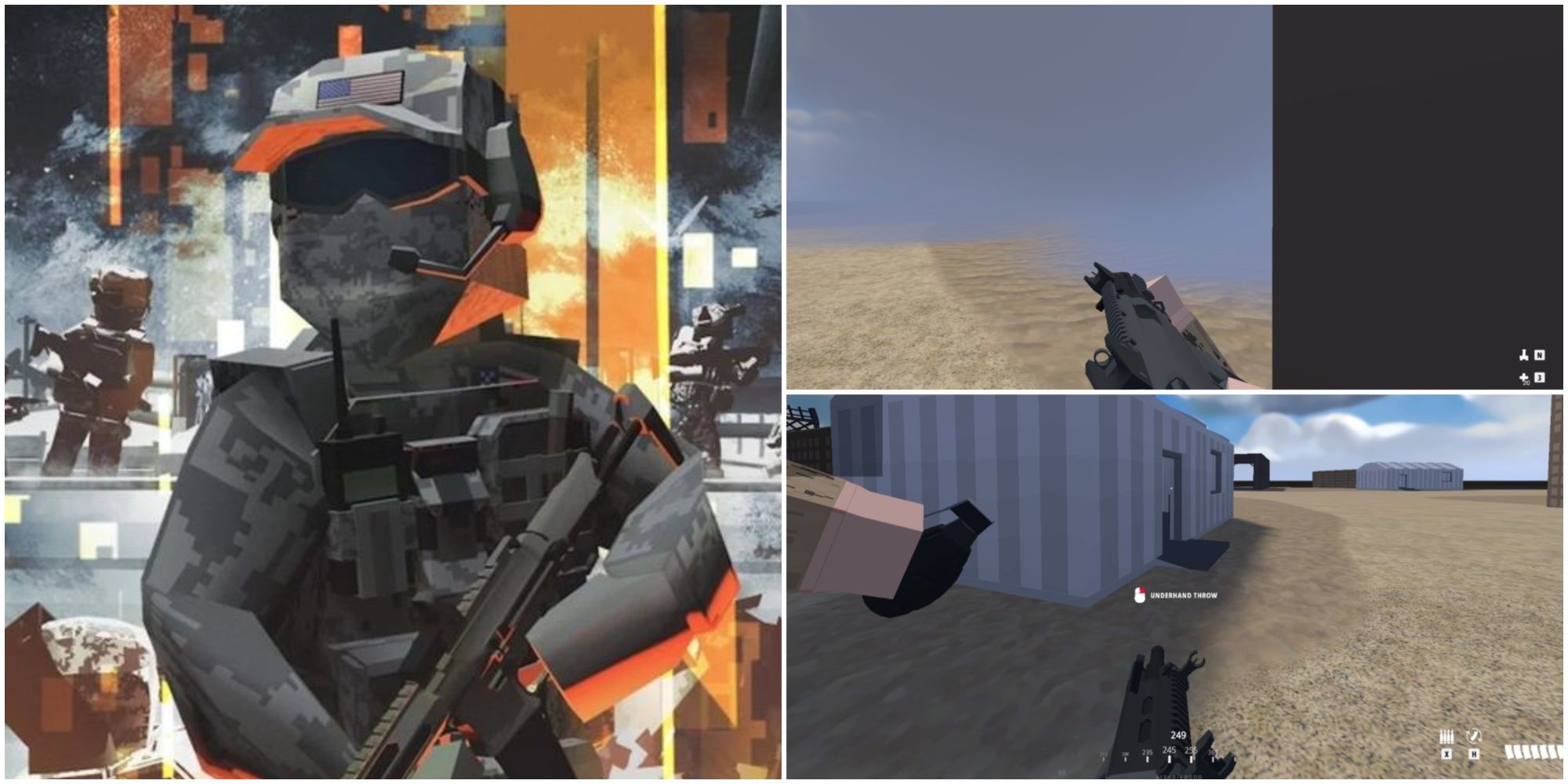 BattleBit Remastered promo splash art (left), SMG leaning a corner into a smoke grenade cloud (top right), player with AUG assault rifle ready to throw a frag grenade (bottom right).