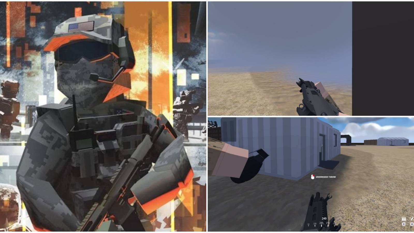 BattleBit Remastered promo splash art (left), SMG leaning a corner into a smoke grenade cloud (top right), player with AUG assault rifle ready to throw a frag grenade (bottom right).