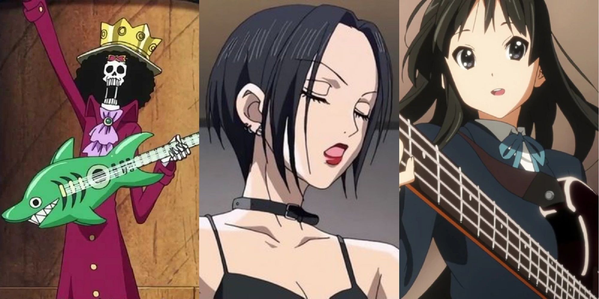 Split image of Brook waving with his guitar in One Piece, a frustrated Nana Osaki from Nana, and Mio Akiyama playing her bass in K-ON!