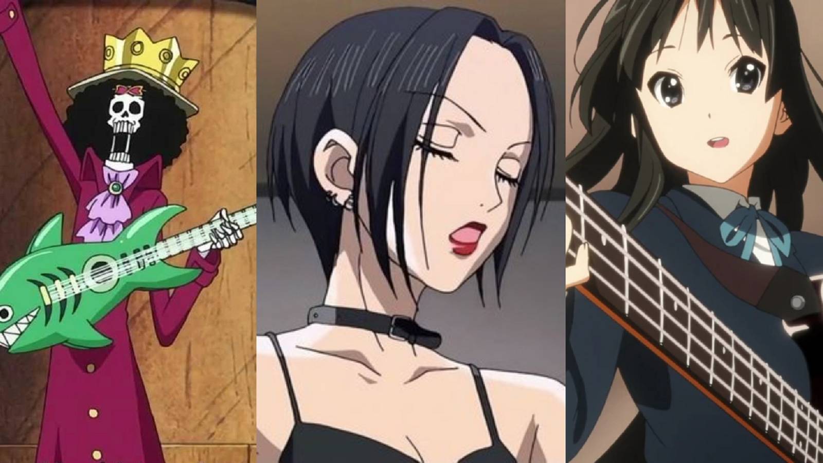 Split image of Brook waving with his guitar in One Piece, a frustrated Nana Osaki from Nana, and Mio Akiyama playing her bass in K-ON!