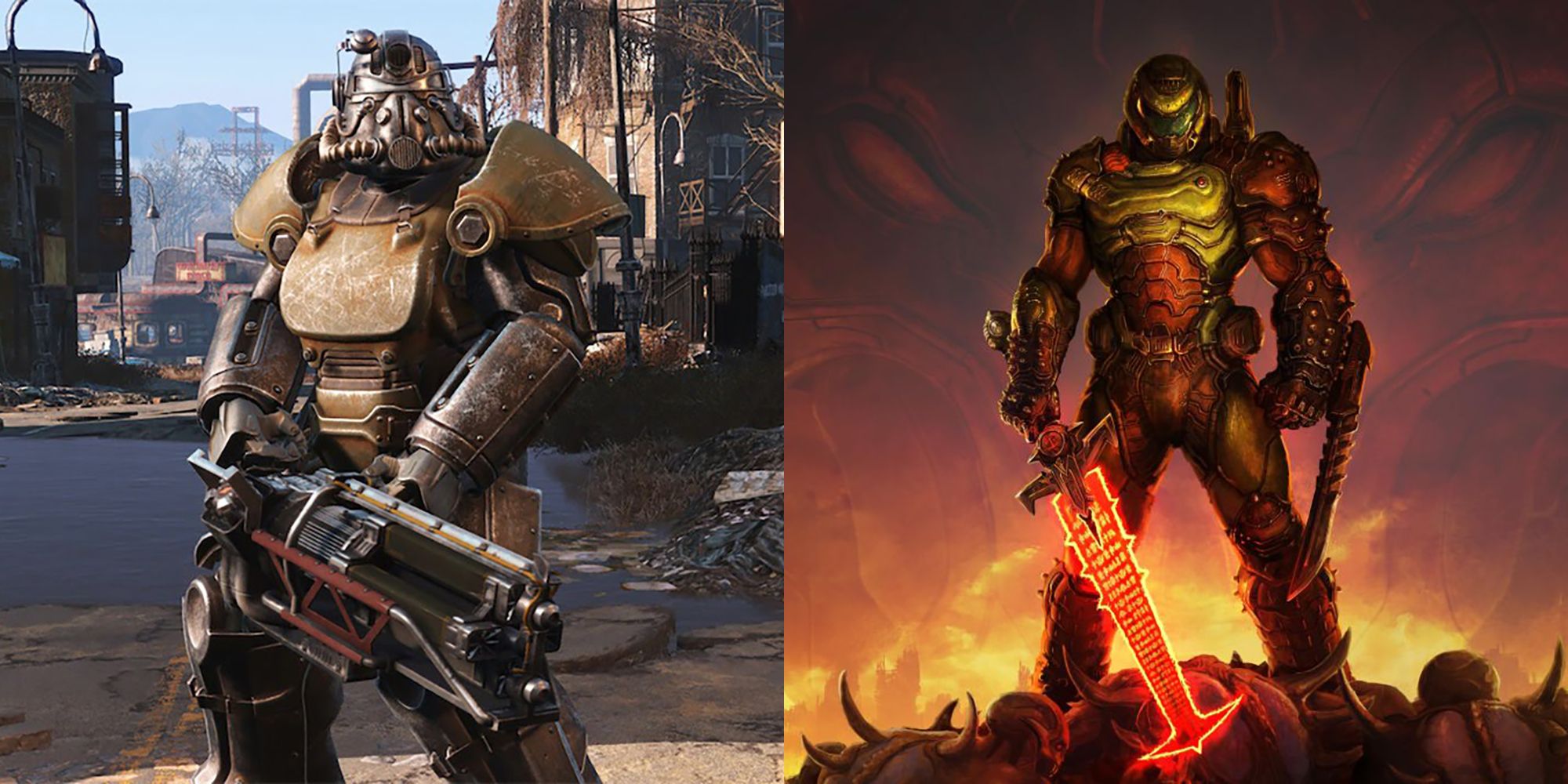 fallout 4 power armor, doom slayer with a sword from doom eternal