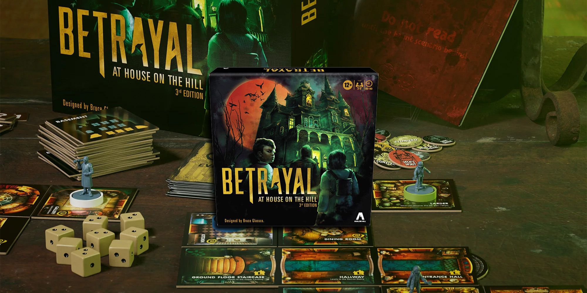 Betrayal At House On The Hill - Board Game Pieces Out On Table With PNG Of Board Game Box On Top-1