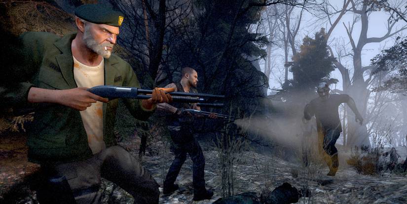 Bill and Francis facing zombies in the Forest level from Left 4 Dead.