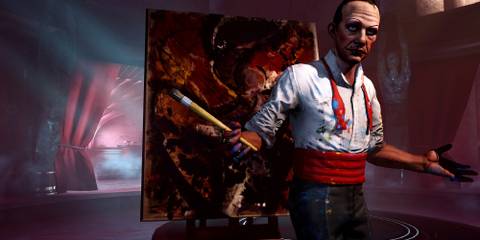 Sander Cohen in Burial at Sea, standing in front of one of his abstract paintings. 