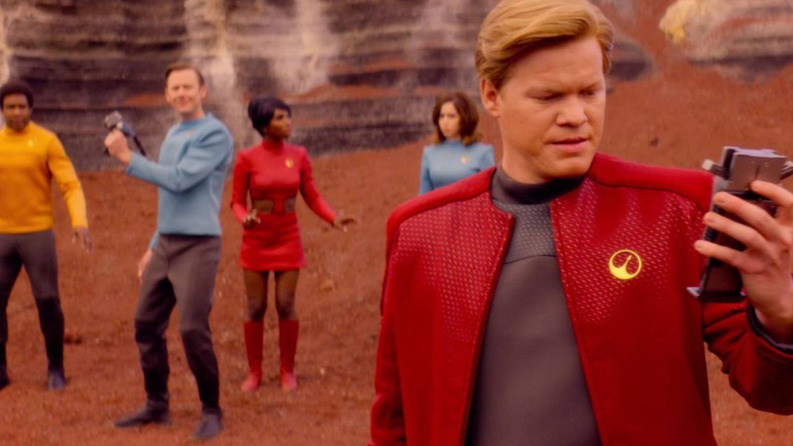 Jesse Plemons and crew members in Black Mirror's USS Callister episode