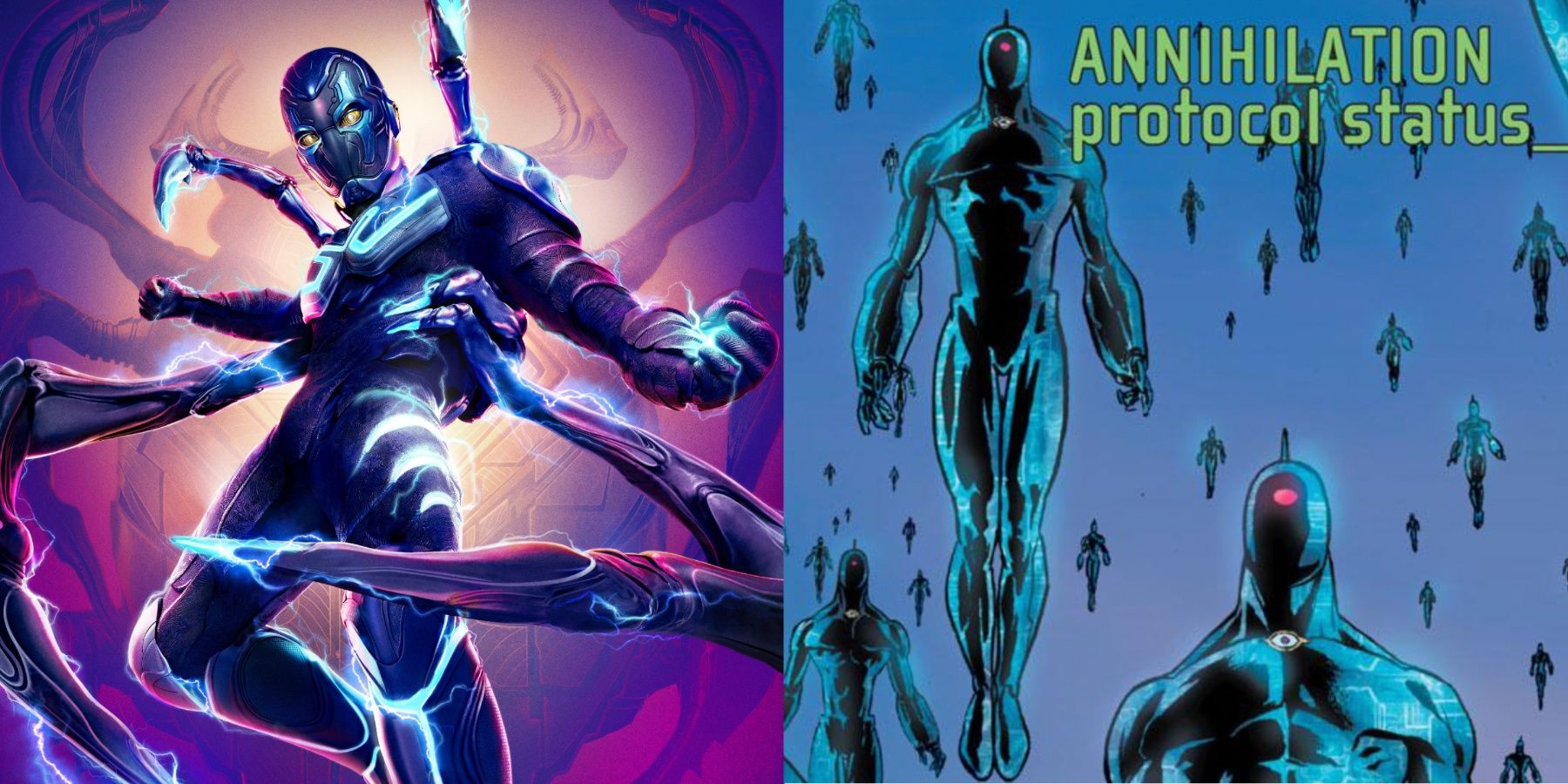 A split image features Blue Beetle in the movie poster and OMACs in DC Comics