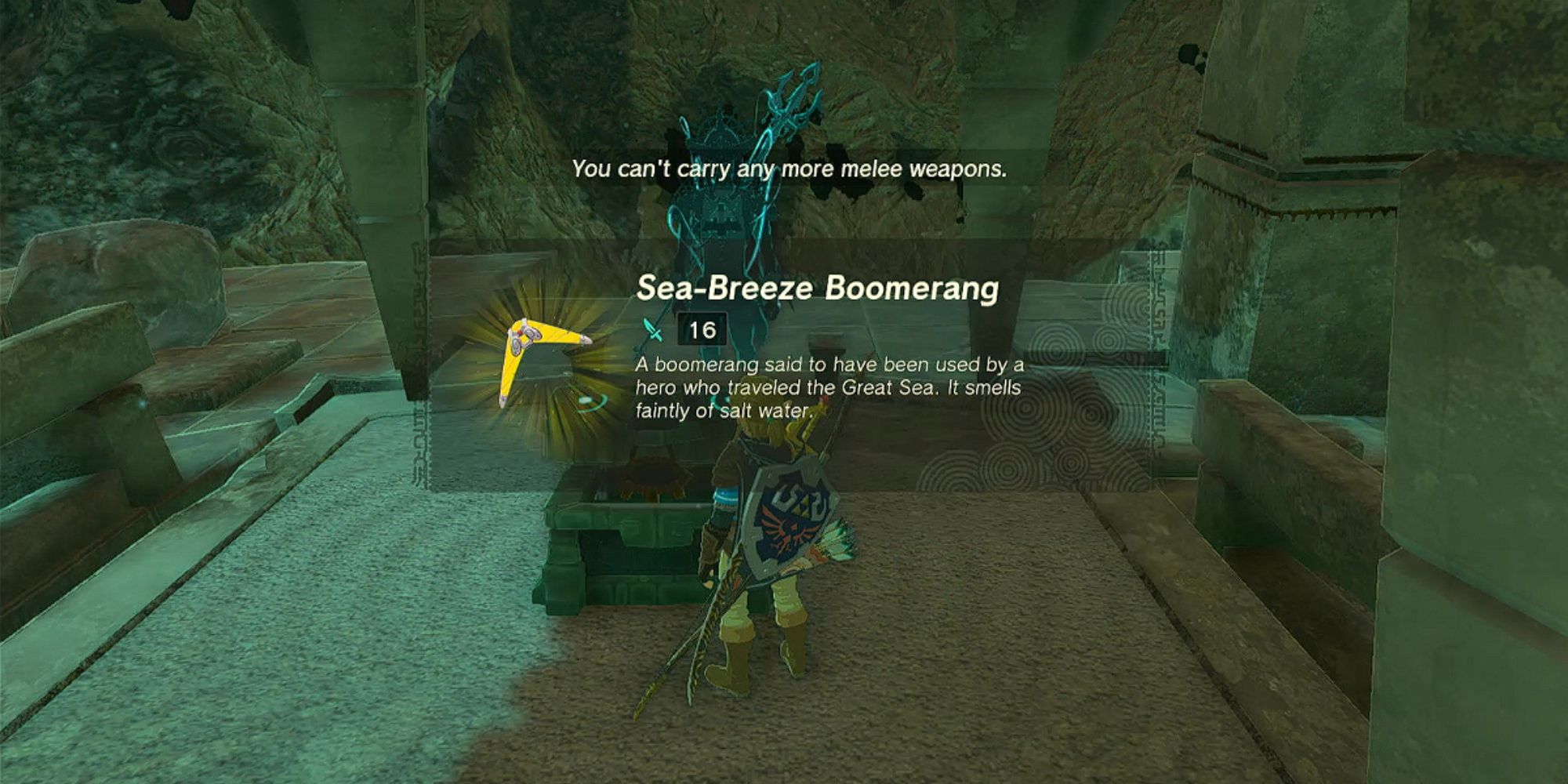 Link collecting a Sea-Breeze Boomerang from a treasure chest