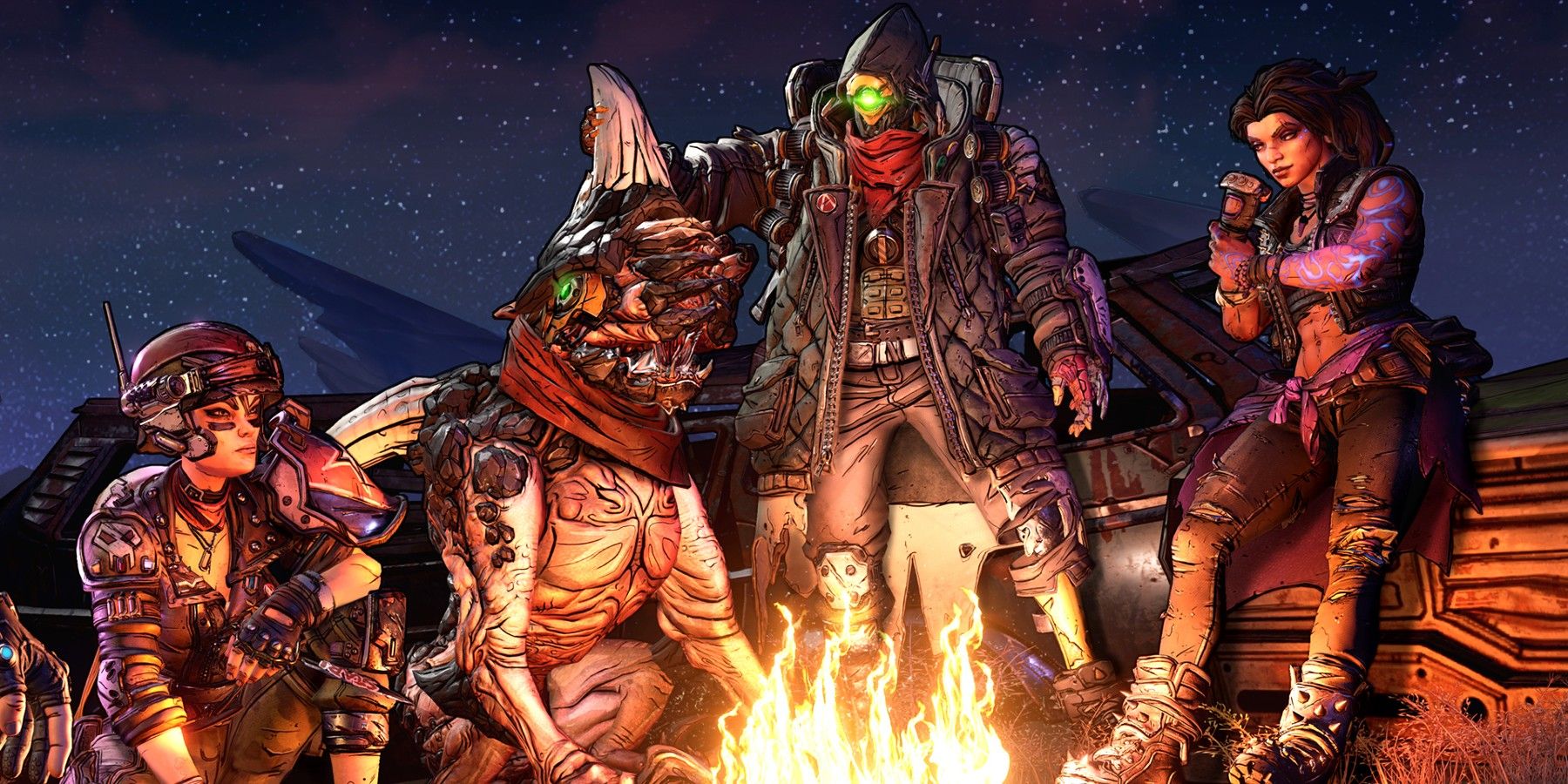 Moze, FL4K, and Amara gathered around a campfire from Borderlands 3