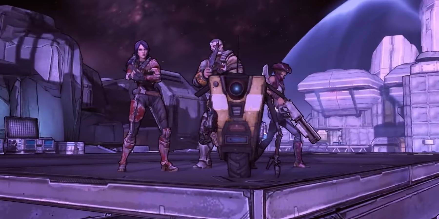 Claptrap at the front of a group shot of the Vault Hunters from Borderlands: The Pre-Sequel