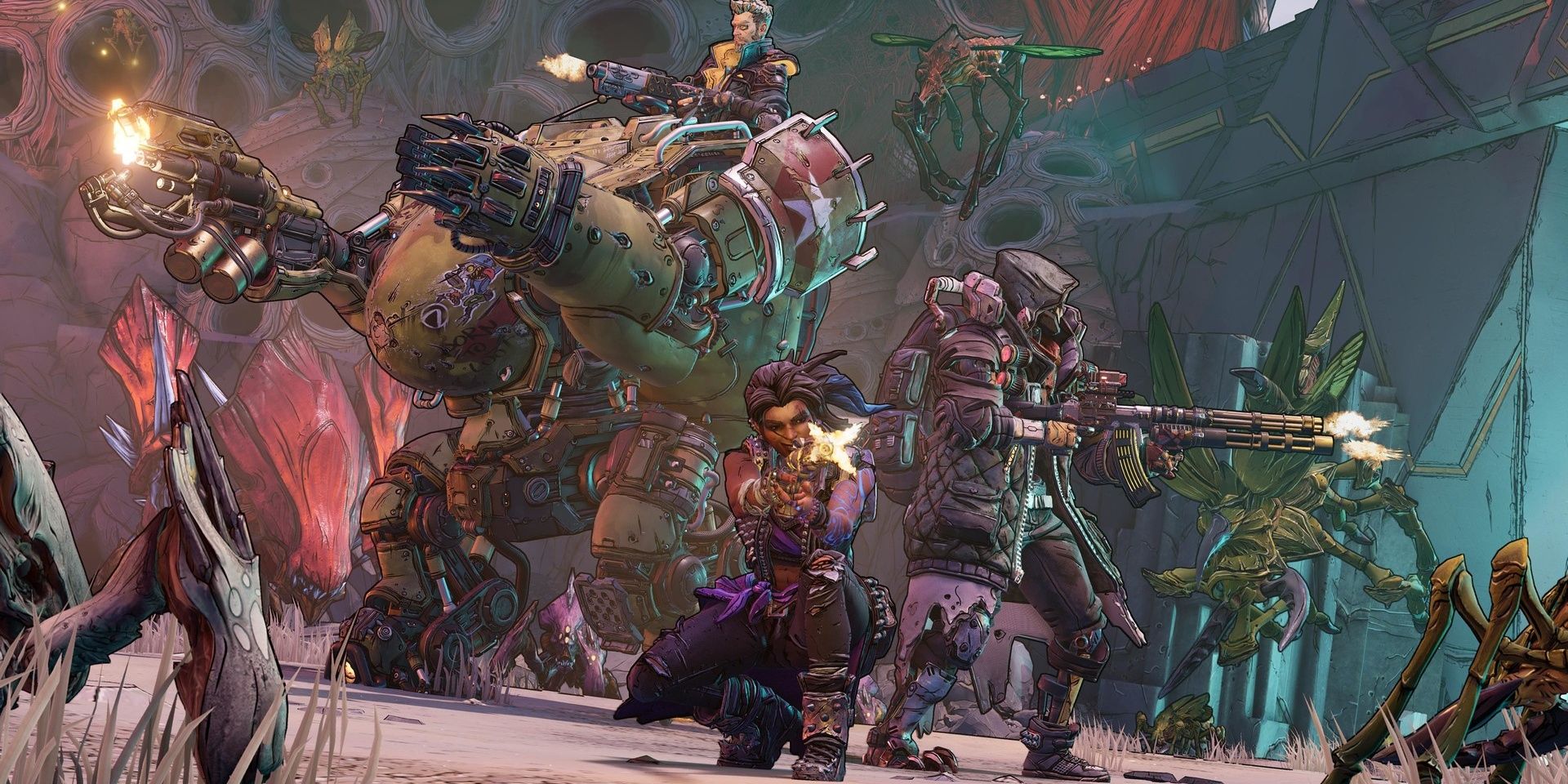 Three different characters wielding guns and shooting in various directions in Borderlands 3