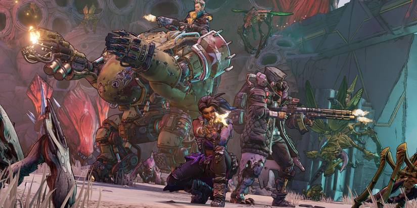 Three different characters wielding guns and shooting in various directions in Borderlands 3