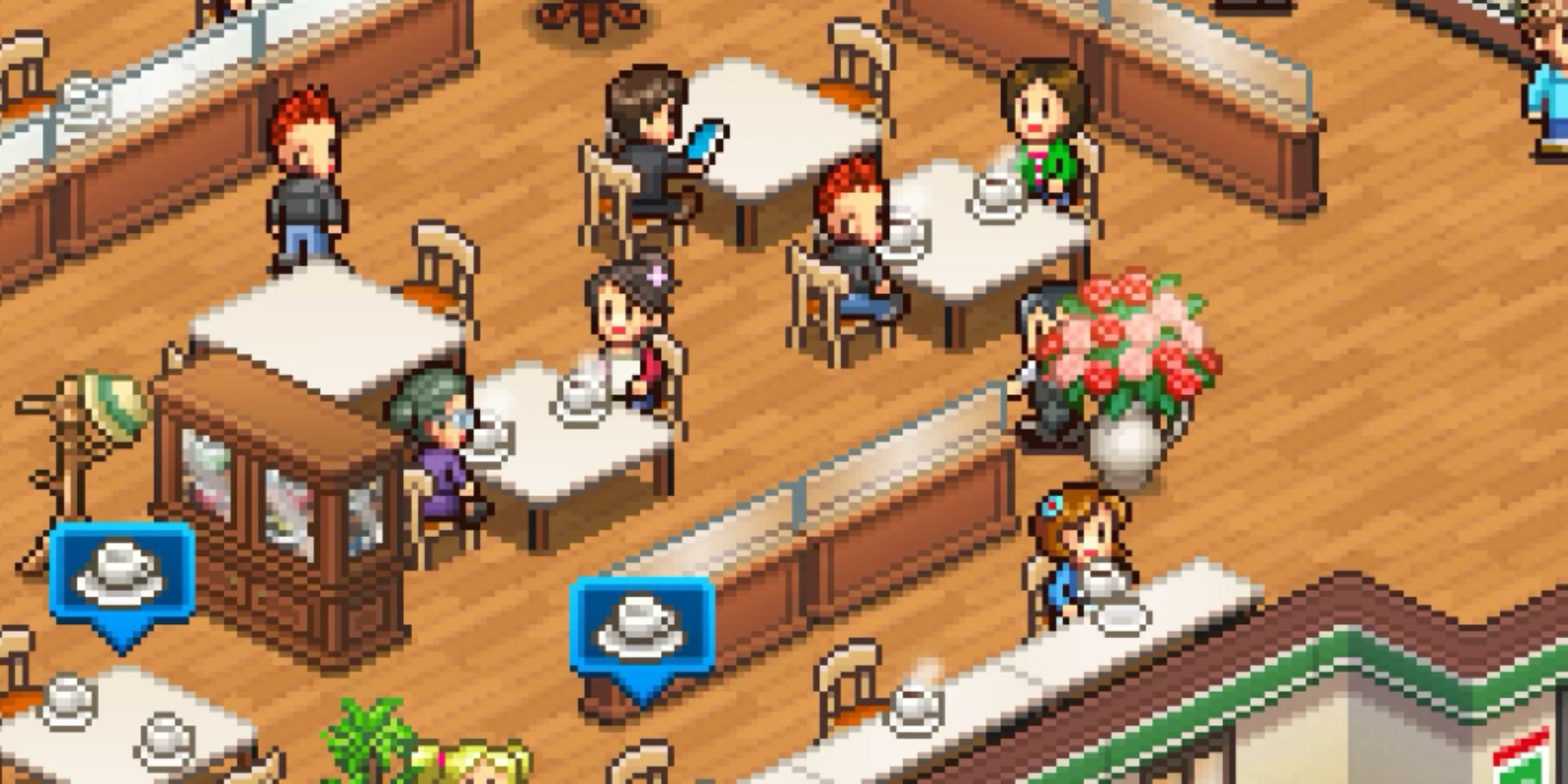 Customers sitting down with coffee in Cafe Master Story